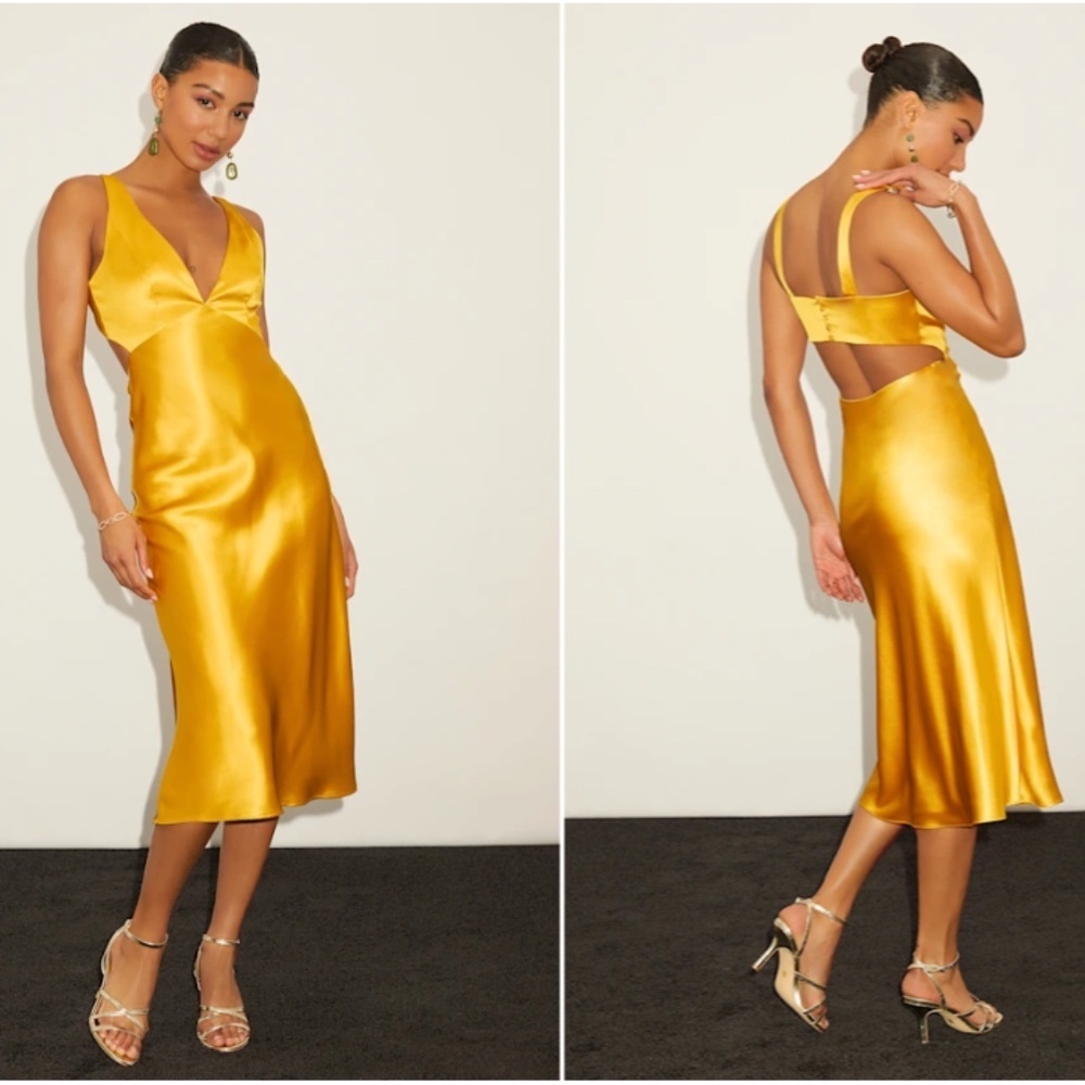 Lulu's Gold Yellow Silk Satin Midi Slip Dress NWOT